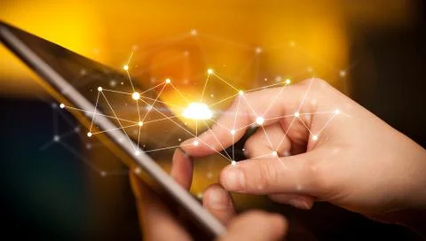 Fingers touching tablet with cloud concept Foto stock