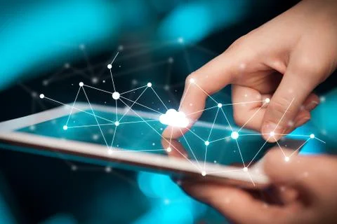 Fingers touching tablet with cloud concept Stockfoto's