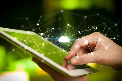 Fingers touching tablet with cloud concept Stockfoto's