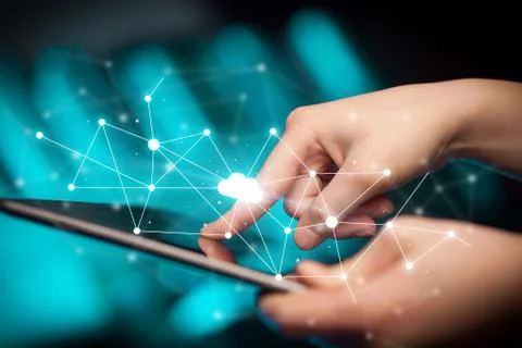 Fingers touching tablet with cloud concept Stockfoto's