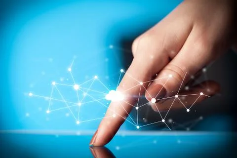 Fingers touching tablet with cloud concept Foto stock