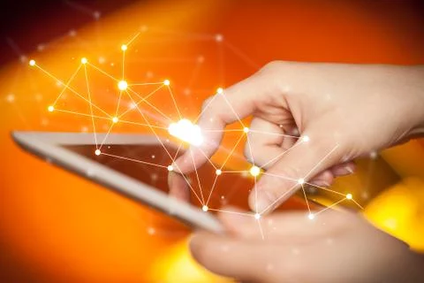 Fingers touching tablet with cloud concept Foto stock