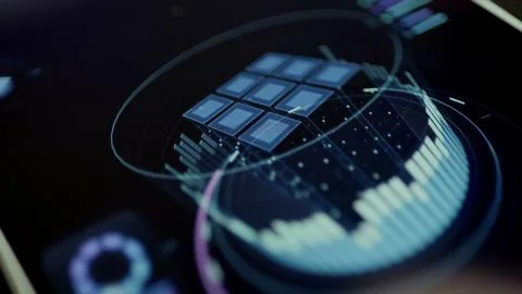 Fingertip interacts with a matrix of modular blue tiles suspended Stock Photos