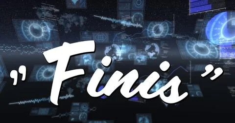 Finis text against multiple round scanners and data processing on blue Illustrazione stock