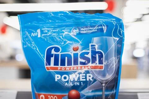 FINISH logo on the package of detergent for dishwashers Stock Photos