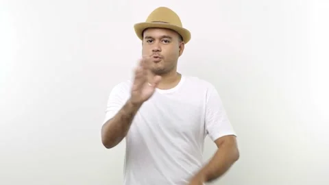 Finish, no way! Guy in hat to stop, crossing hands showing x sign, meaning rejec Video stock 144652798