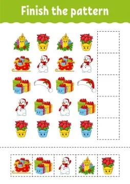 Finish the pattern. Cut and play. Christmas theme. Education developing works Stock Illustration
