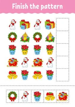 Finish the pattern. Cut and play. Christmas theme. Education developing works Stock Illustration