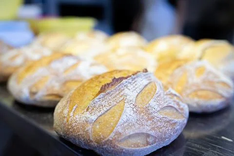 A finished batch of artisan wheat bread, just out Stock Photos