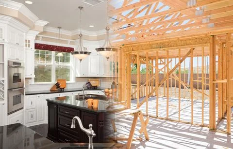 Finished Custom Kitchen Build Gradating Into House Construction Framing. 스톡 사진