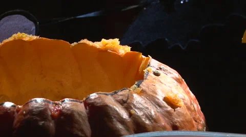 Finished cutting lid in the top part of pumpkin and put lid beside Stock Footage 67669690
