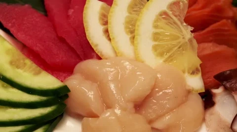 Finished dish of raw seafood and vegetables with lemon. Food Korean cuisine. Stock Footage 50148142
