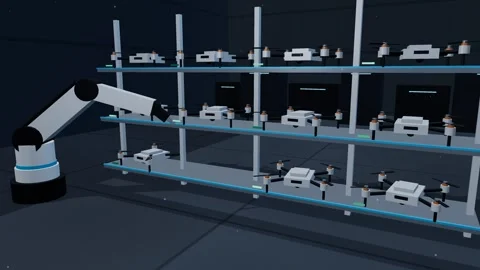 Finished drones storage rack charging dock smart warehouse Stock Footage 340899514