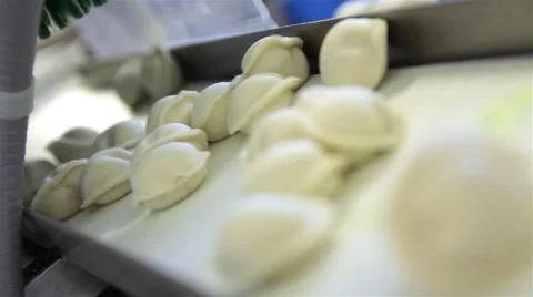 Finished dumplings on a moving belt - automatic production line Stock Footage 61879103