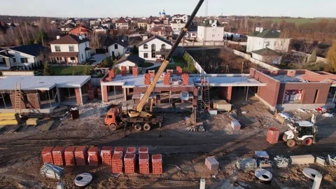 Finished frame foundation of the cottage town drone view Video stock 174809900