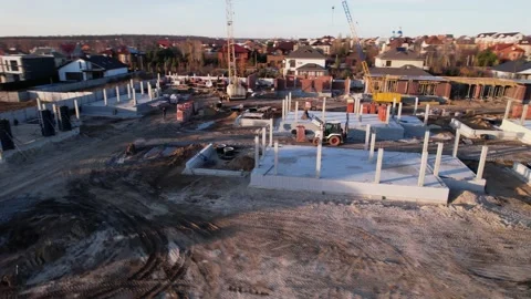 Finished frame foundation of the cottage town drone view Video stock 174810161