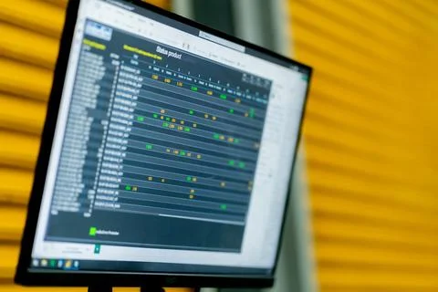 Finished Goods Inventory Dashboard on Computer Monitor in a Manufacturing F.. Stock Photos