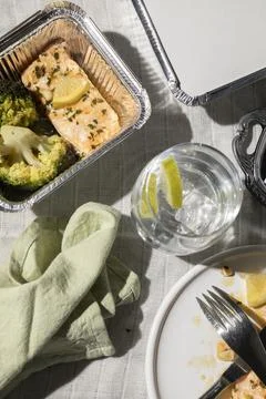 Finished Meal at Restaurant Table with Request for Doggy Bag  Zero Waste Co.. Stock Photos