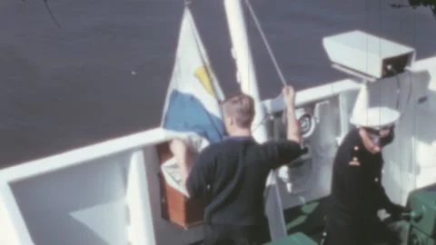 Finland - 1973: view ship crew with flag and smoke comes out of chimneys Stock Footage 190890393
