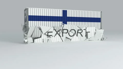 Finland container with the flag falls on top of a container labeled EXPORT Stock Footage 124446733