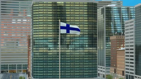 Finland Flag 3D Render Animation on Pole with Modern Business District Build Video stock 332878558