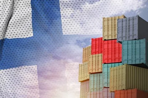 Finland flag and big stack of shipping cargo containers in docks with sky Stock Illustration