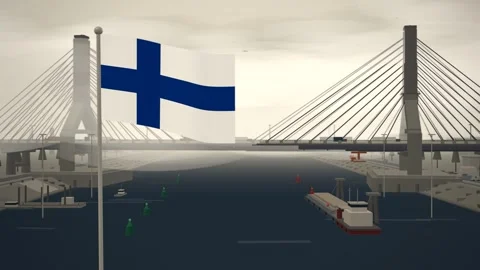 Finland Flag Flying Over Cable Stayed Bridge River seamless loop Stock Footage 345373333