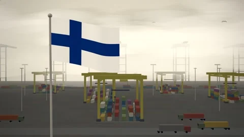 Finland Flag Flying Over Container Terminal Stacking Yard seamless loop Stockbeeldmateriaal 344845743