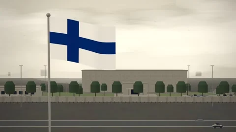 Finland Flag Flying Over Embassy Compound Perimeter Wall seamless loop Stock Footage 345132704