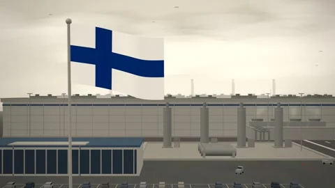 Finland Flag Flying Over Semiconductor Fabrication Plant Cleanroom seamless loop Video stock 344846256