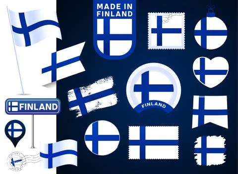 Finland flag vector collection. big set of national flag design elements in d Illustrazione stock