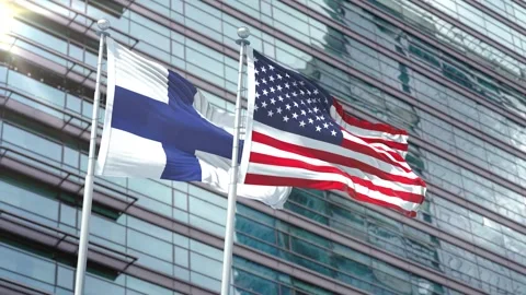 Finland Flag VS Flag of USA Stock Footage 343554488