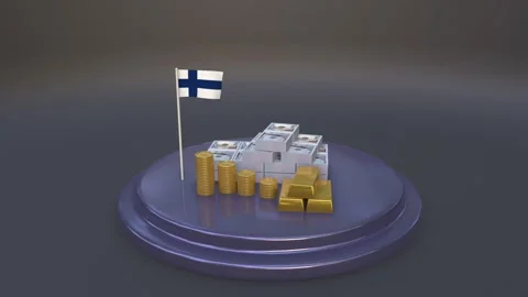 Finland flag waving over stacks of dollar cash gold bars and coins on blue .. Stock Footage 328664403