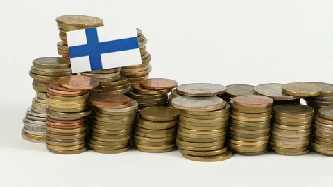 Finland flag waving with stack of money coins Stock Footage 71929726