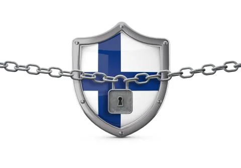 Finland lockdown concept. Shield with lock and chain. 3D Render 스톡 일러스트