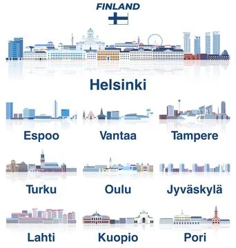 Finland main cities vector skylines in soft cold tones color palette Stock Illustration