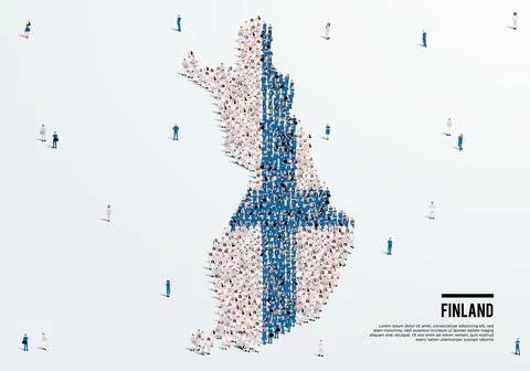 Finland Map and Flag. A large group of people in the Finland flag color. Stock Illustration