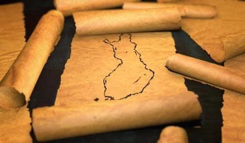 Finland Map Drawing Unfolding Old Paper Scroll 3D Illustrazione stock