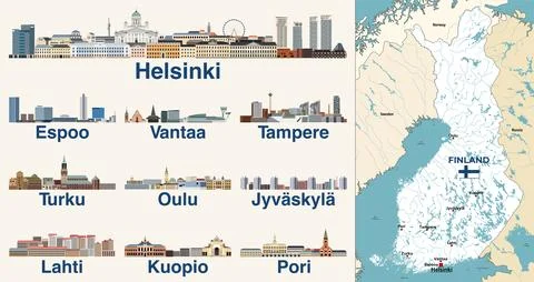 Finland map with main cities on it. Finland biggest cities skylines Stock Illustration