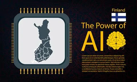 Finland map with microchip war and AI concept on circuit board, Power of AI.. Illustrazione stock