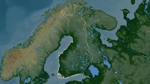 Finland outlined on a Colored elevation map with lakes and rivers Illustrazione stock