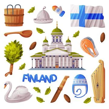 Finland Symbol and Attribute with Saint Nicholas Cathedral and Bath Broom Vector Stock Illustration