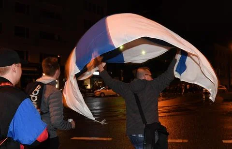 Finnish fans react after World Championship ice hockey final, Helsinki, Finland  Stock Photos