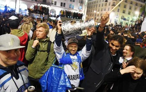 Finnish fans react after World Championship ice hockey final, Helsinki, Finland  Stock Photos