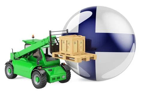 Finnish flag with telescopic handler truck and parcel. Cargo shipping in Finl 库存插图