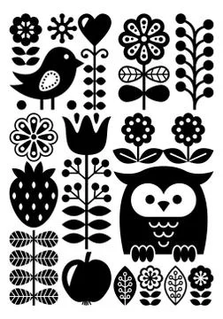 Finnish inspired folk art pattern - Scandinavian, Nordic style - monochrome Stock Illustration