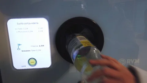 Finnish reverse vending machine for empty bottles and cans Stock Footage 122810820