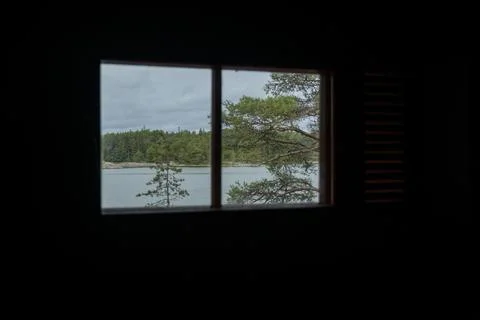Finnish sauna, view from small window to the Baltic sea, rest in Finland du.. Stock Photos