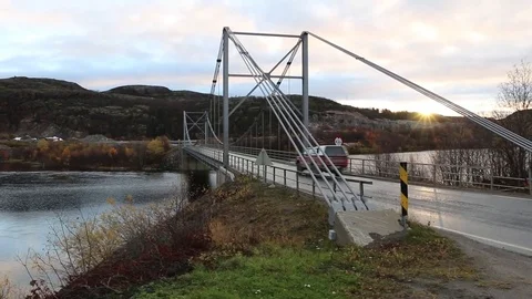 Finnmark, Norway - Pickup truck crosses Elvenes Bridge - with audio Video stock 81150737