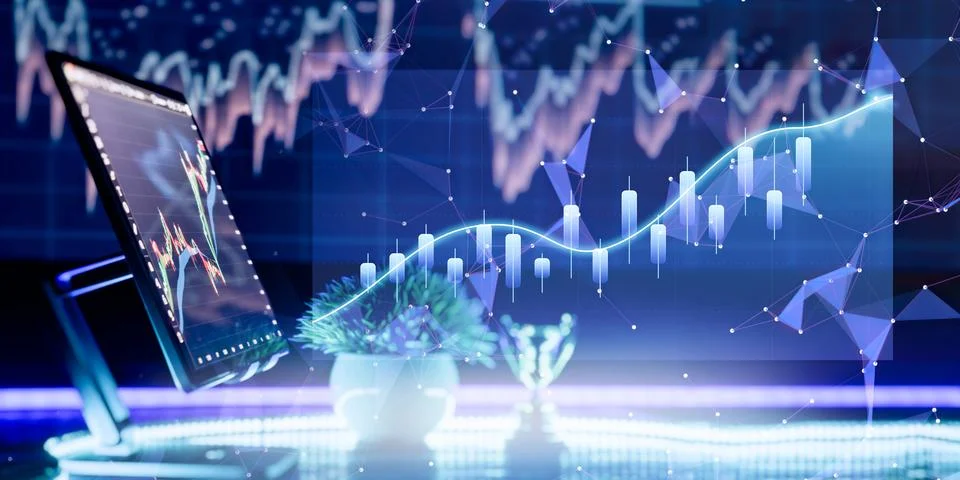 Fintech Analytics Dashboard with Trading Tablet and Rising Market Chart Stock Photos